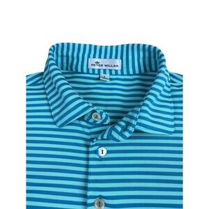 Peter Millar Men's Striped Performance Polo Shirt Teal Aqua Blue Short Sleeve L